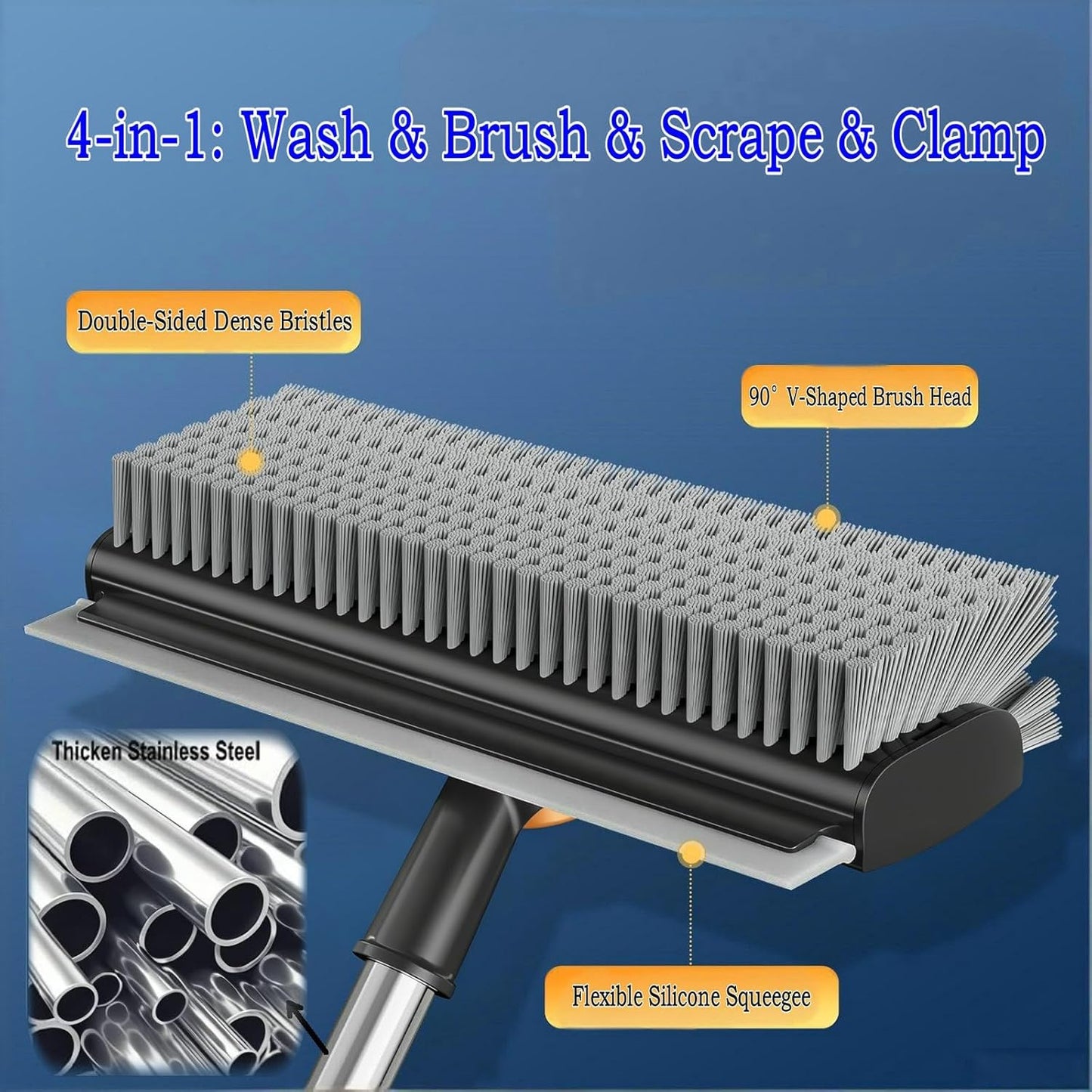 4 in 1 Floor Scrub Brush with Squeegee Long Handle Grout Brush 52'' 2026 Upgraded Multi-Functional Stiff Bristle Cleaning Scrub Brush Rotating Tile Brush for Cleaning Bathroom Patio, Pool, Garage