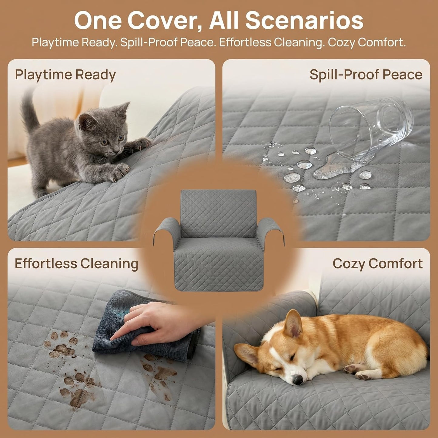 Couch Covers for Sofa, Recliner Covers Washable, Non-Slip, Outdoor Sofa Cushion Cover, Furniture Protector for Dogs and Cats, Pet Hair Blocker for Chair, Seat and Recliner, Gray