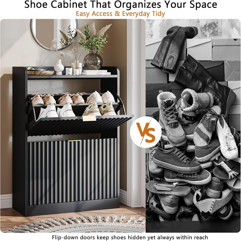 Black Fluted Slim Shoe Cabinet Storage with 2 Flip Drawers for Entryway