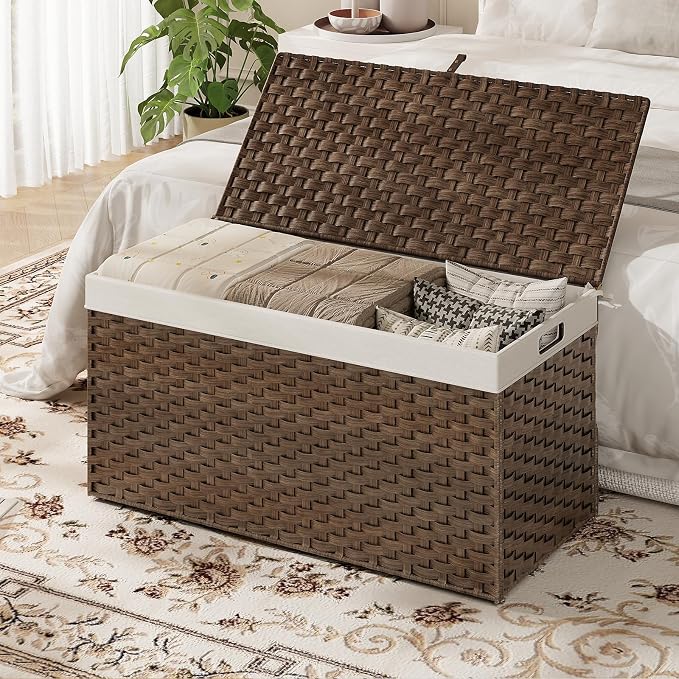 HOOBRO Storage Basket with Lid, 52.8 Gallon Wicker Basket, Handwoven Blanket - Image 2
