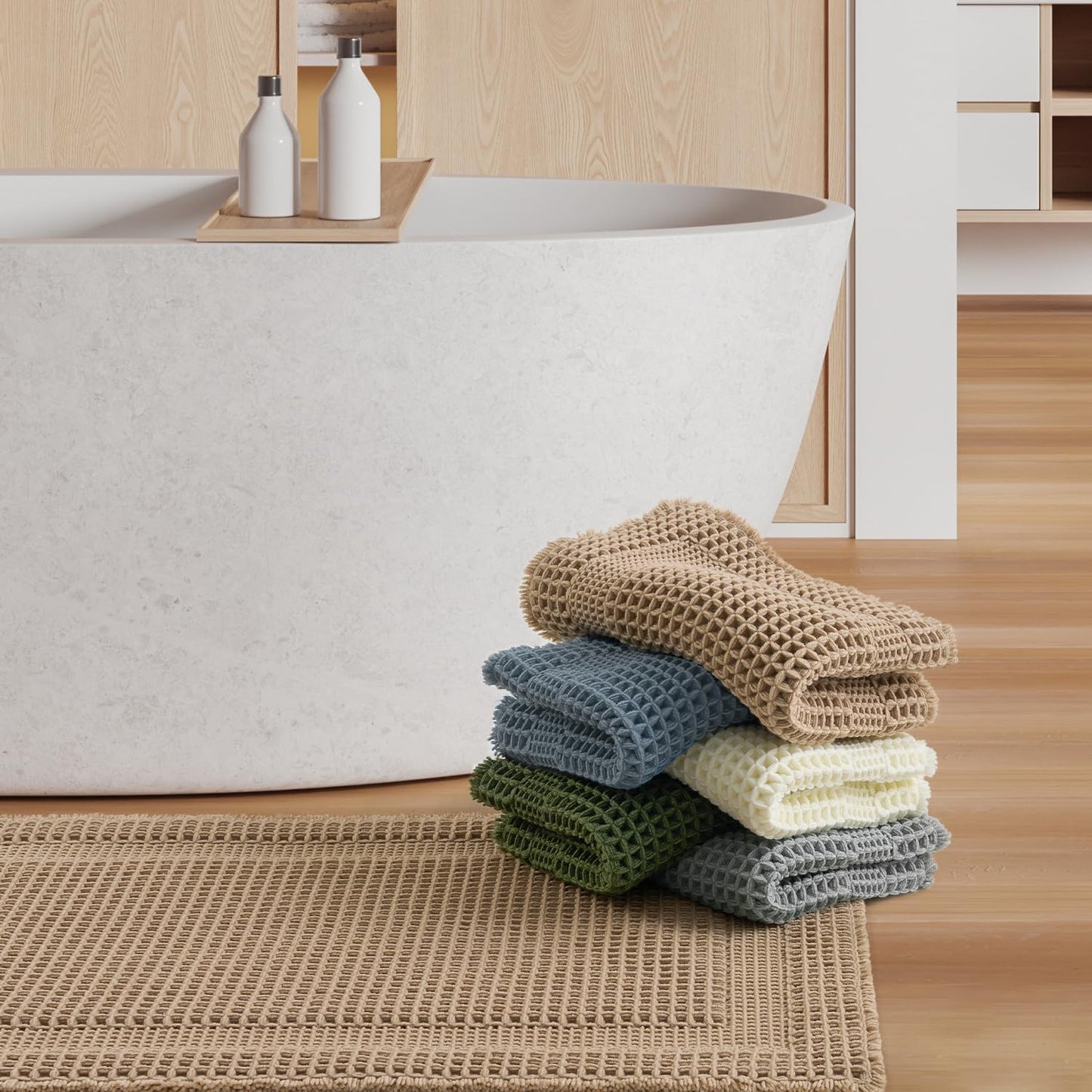 AMOAMI Waffle Bath-Mat, 24"x36" Super Absorbent Bath Mats for Bathroom Non Slip, Machine Washable Bathroom Rugs with Tassels Ultra Soft Boho Bath Rugs for Floor Beige
