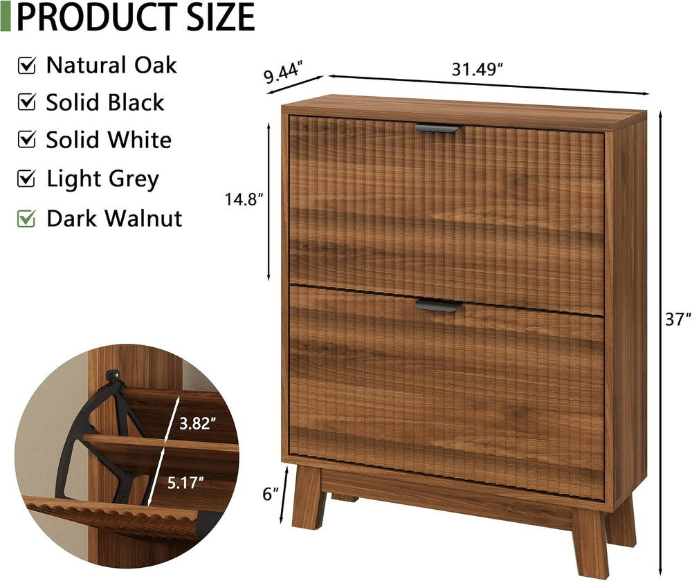 Xixini Shoe Cabinet with 2 Flip Drawers, 37" Tall Narrow Fluted Shoe Sto...