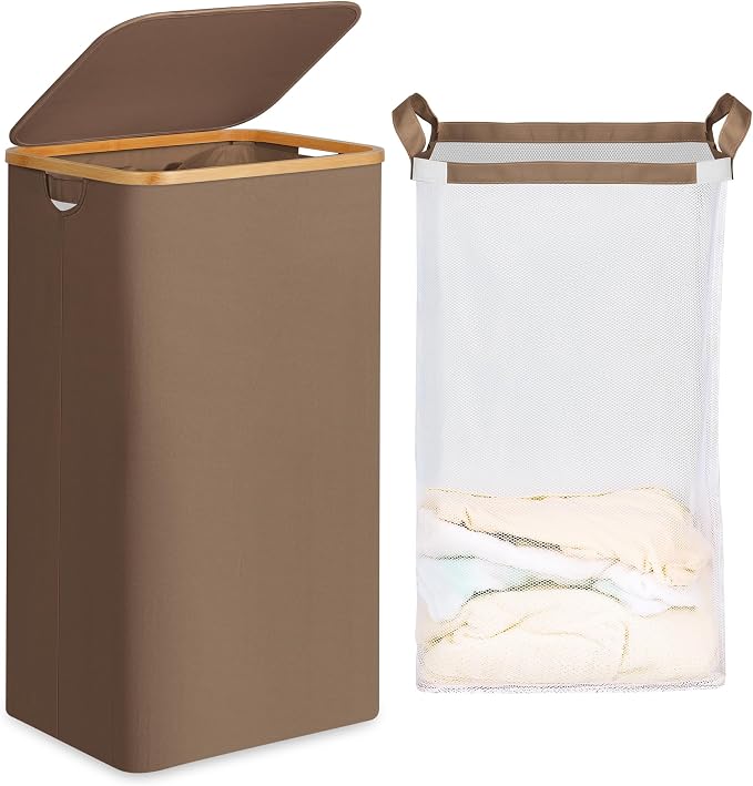 26 Gal Laundry Basket with Lid and Net Bag, Tall Laundry Hamper with Bamboo by efluky