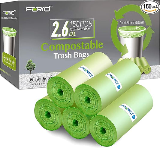 FORID 2.6 Gallon Compostable Garbage Bags, 5 Rolls – Green, Unscented Trash Bags by FORID