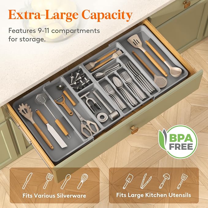 Lifewit Large Silverware Drawer Organizer, Plastic Cooking Utensil Tray - Image 4