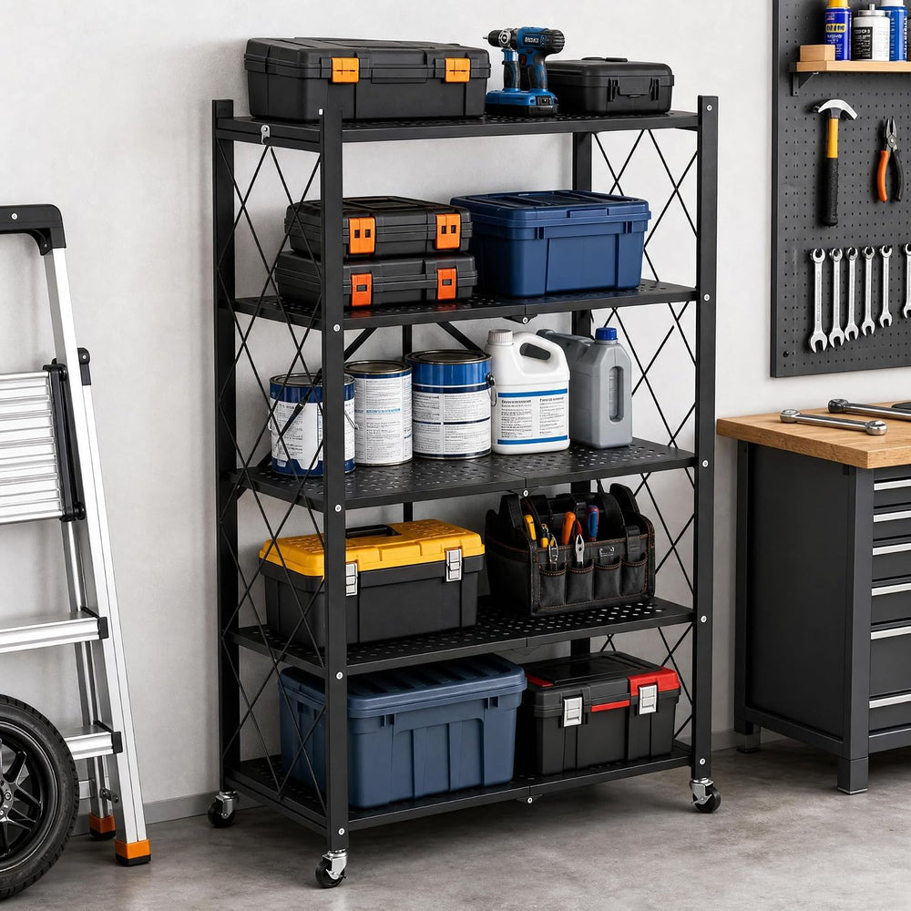 5-Tier Foldable Storage Shelves with Wheels, Heavy-Duty Metal Rolling Rack, N...