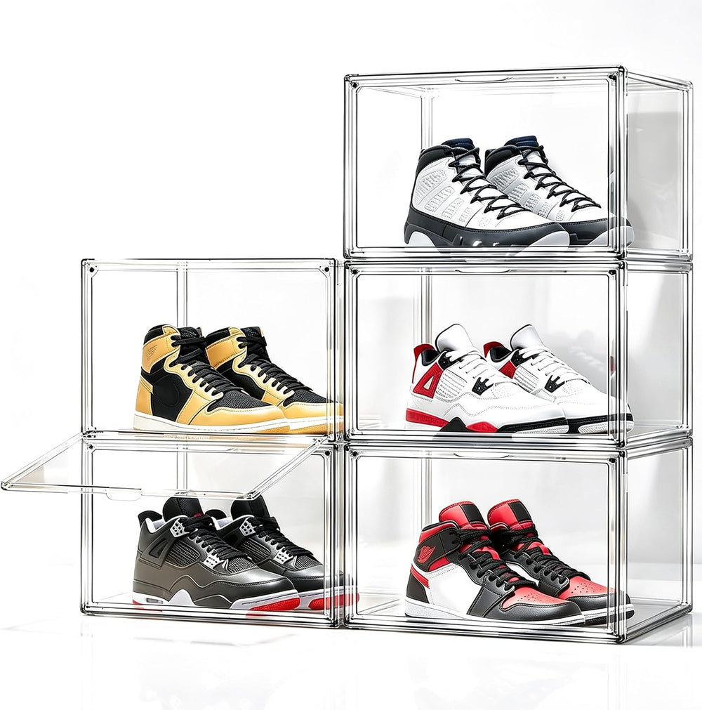 5 Pack Clear High-Top Sneaker Boxes, Wide Magnetic Door, Acrylic Shoe Box