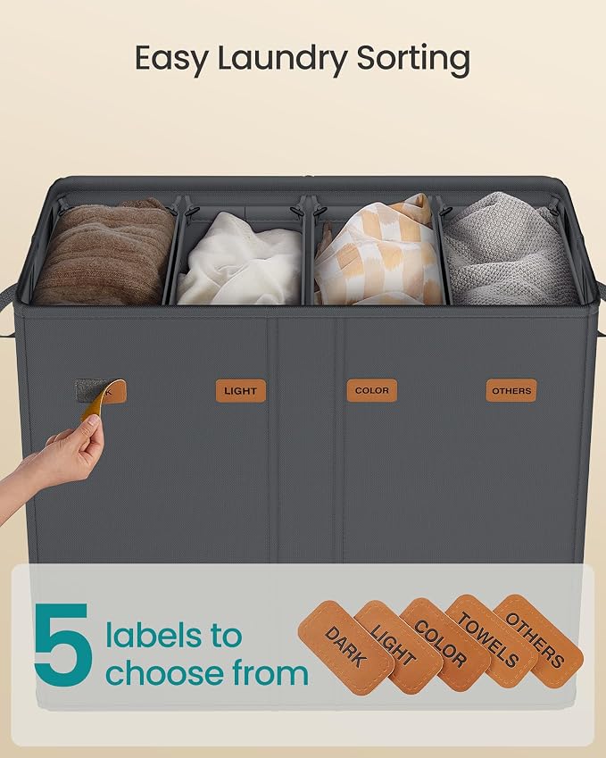 SONGMICS 55.4 Gallon Laundry Hamper, 4-Compartment Laundry Basket Sorter - Image 4