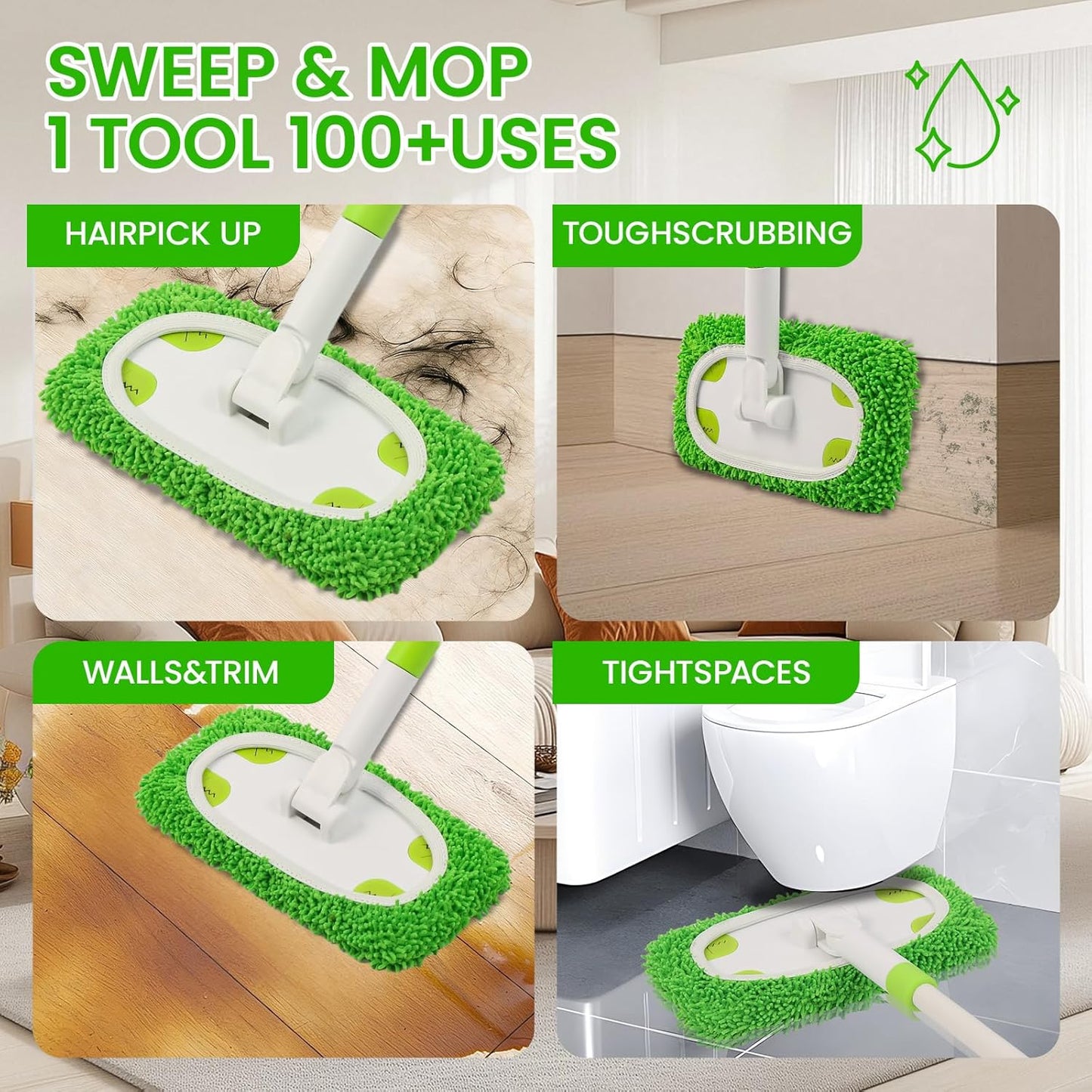 Reusable Microfiber Floor Mop System, Wet & Dry Sweeper Kit, Includes 1 Sweeper Handle, 3 Washable Chenille Mop Pads, Dry & Wet Use for Hardwood, Tile, and Laminate Floor, Green
