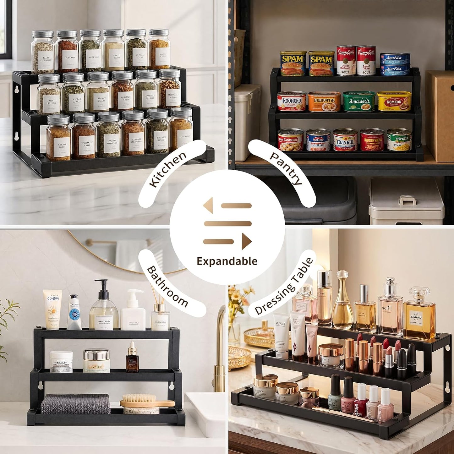 Expandable Spice Rack Organizer for Cabinet, 3-Tier Metal Spice Shelf | Expandable 16"-29", Anti-Separation Sliding Design, Organizes Jars, Bottles & Seasonings, Easy Assembly