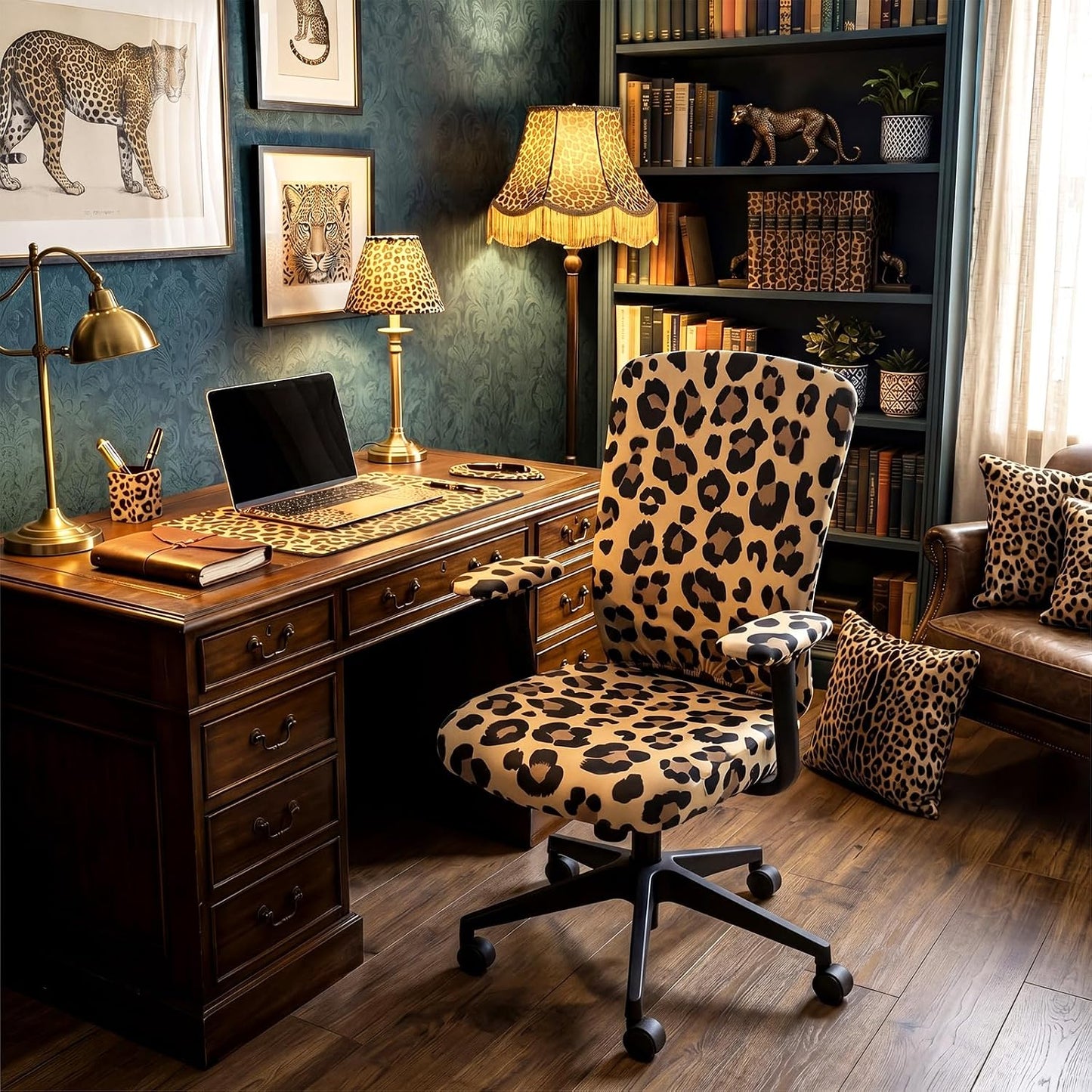 Suncalla 4 Pcs Cheetah Printed Office Chair Covers Set Stretch Leopard Computer Universal Protective Stretchable Chair Seat Covers Washable Desk Armrest Slipcovers Pads for Office Rotating