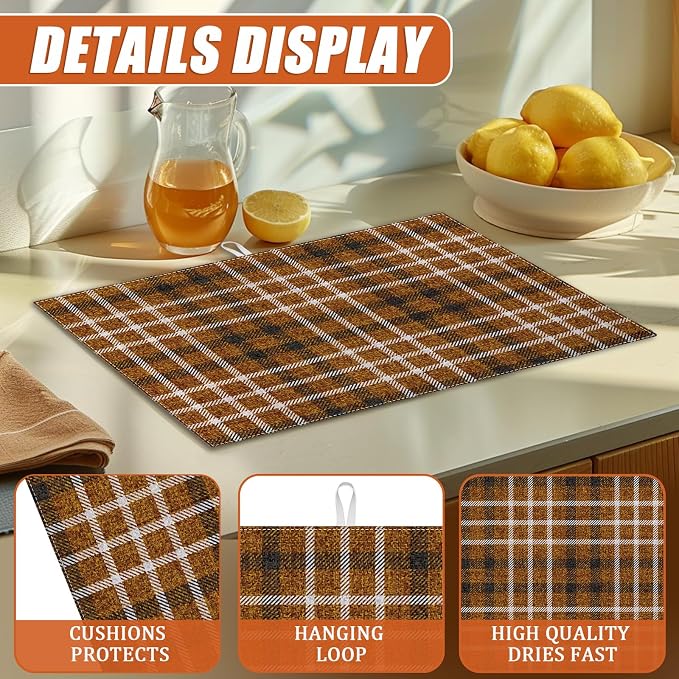 Brown Plaid Dish Drying Mat for Kitchen Counter Microfiber Absorbent Dish - Image 3