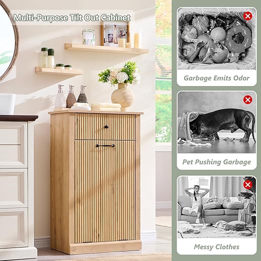 Modern Tilt-Out Trash Can Cabinet, 10 Gallon Fluted Laundry Hamper Cabinet - Image 5