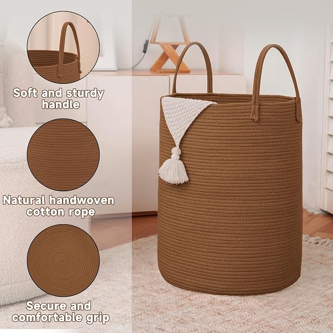 Large Woven Laundry Basket Hamper, 100L Cotton Rope Storage Bin - Image 6