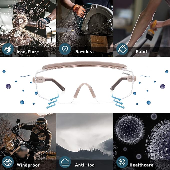 UKNOW Safety Goggles Over Glasses, Safety Glasses Anti Fog Wraparound Eye - Image 6