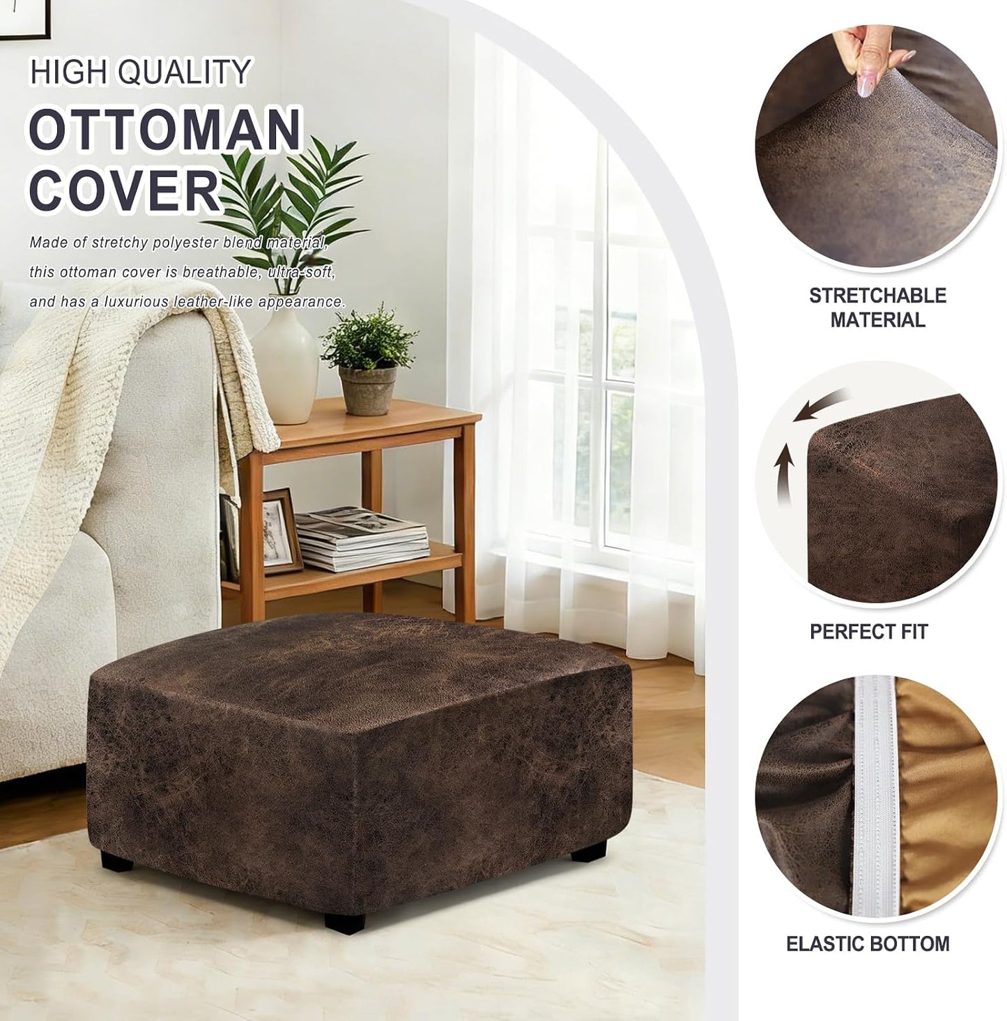 ANARACHON Leather Like Ottoman Cover, Stretch Small Square Ottoman Covers, Rectangular Ottoman Slipcovers with Removable Washable Non-Slip Elastic Bottom for Footstools (02 Brown, XX-Large)