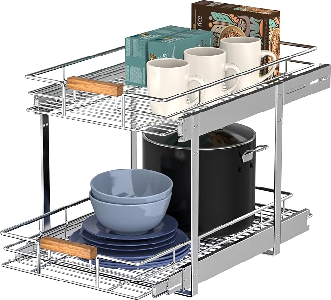 Pull Out Cabinet Organizer, 2 Tier Wire Basket Slide Out Shelf Storage by MountWalker