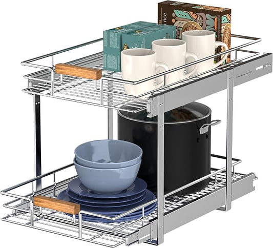 Pull Out Cabinet Organizer, 2 Tier Wire Basket Slide Out Shelf Storage by MountWalker