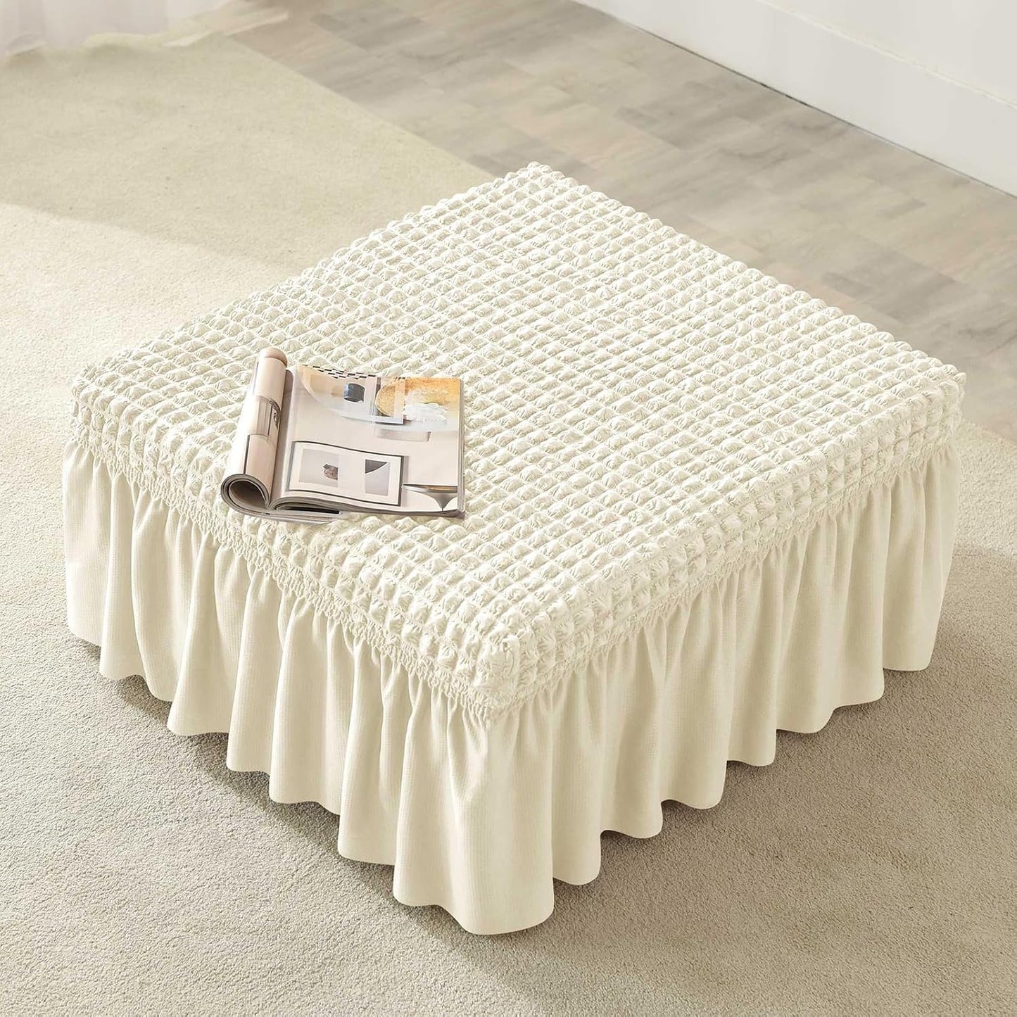 Stretch Seersucker Ottoman Cover Square & Rectangular, Soft Elastic Footstool Cover with Skirt Non-Slip Furniture Protector for Living Room Bedroom(Beige)