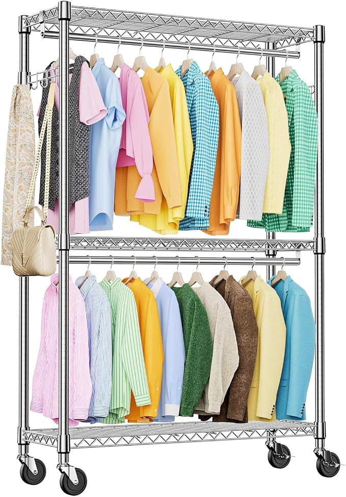 IZEUK 3-Tier Heavy Duty Rolling Garment Rack, Chrome Metal Freestanding Closet by IZEUK