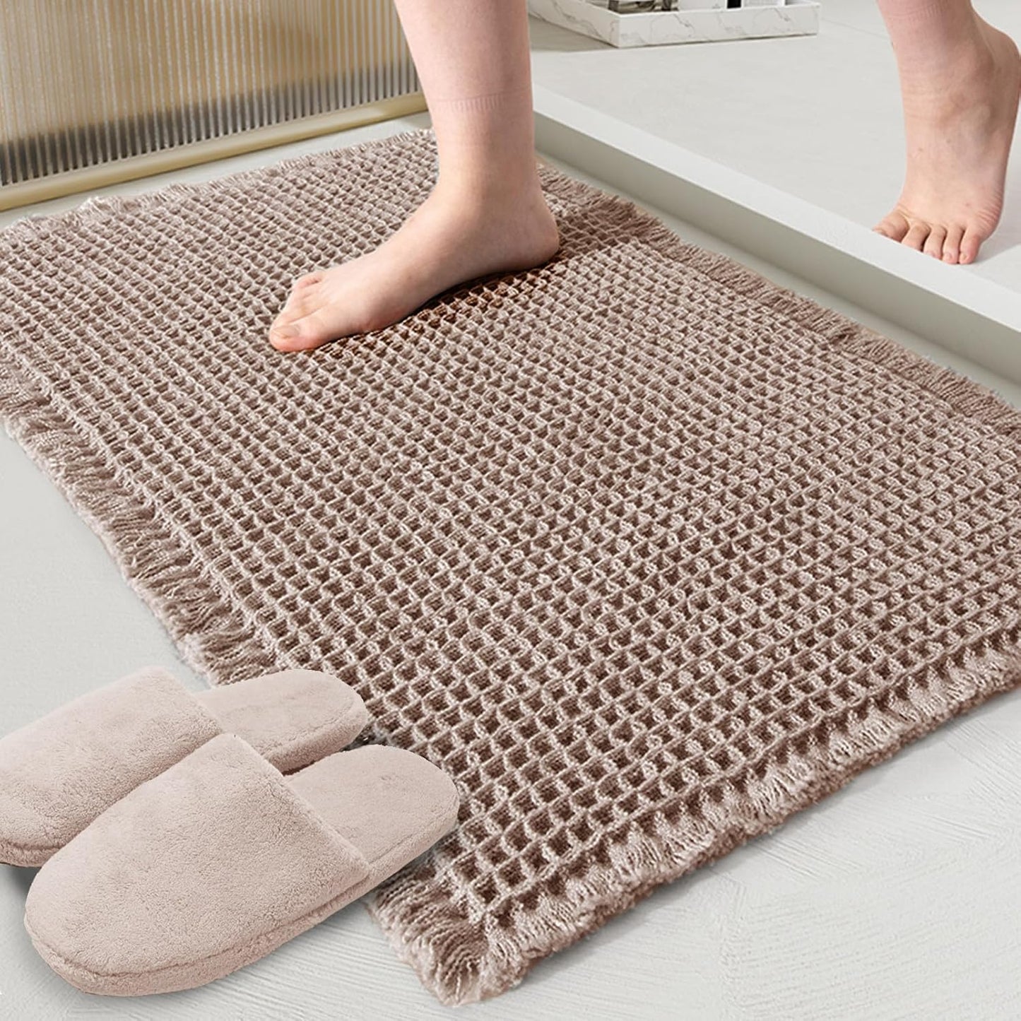 ZALL Tan Waffle Bath Mat,Super Absorbent Non Slip Bathroom Rug,Brown 18x30inch,Machine Washable Ultra Soft Floor Mats