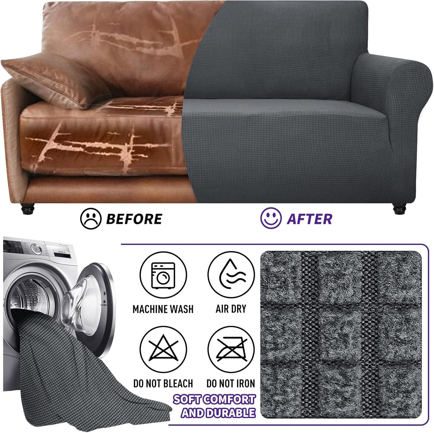 ZNSAYOTX Super Stretch Couch Cover (72"-92") Universal Sofa Covers with Elastic Bottom, Dog Cat Pets Friendly Washable Furniture Protector Fitted Sofa Slipcovers Stay in Place (Dark Grey, Sofa)