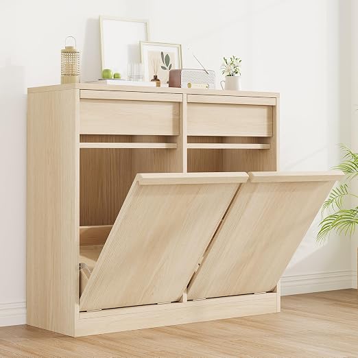 Double Tilt Out Trash Cabinet, Natural Wood Hidden Garbage Can Cabinet by Unknown