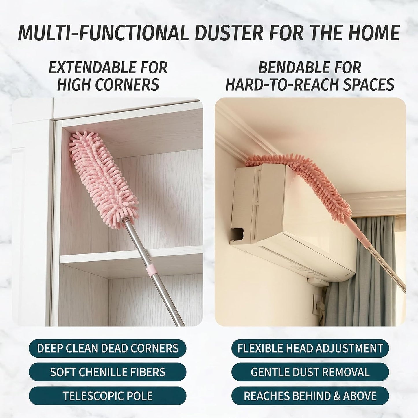 Broom, 0.8m Extendable Soft Chenille Mattress Cleaner Washable Under Appliance Household Cleaning Tools, Nordic Pink Under Fridge Refrigerator Gap Floor Duster Brooms Dust Mop for Narrow Spaces