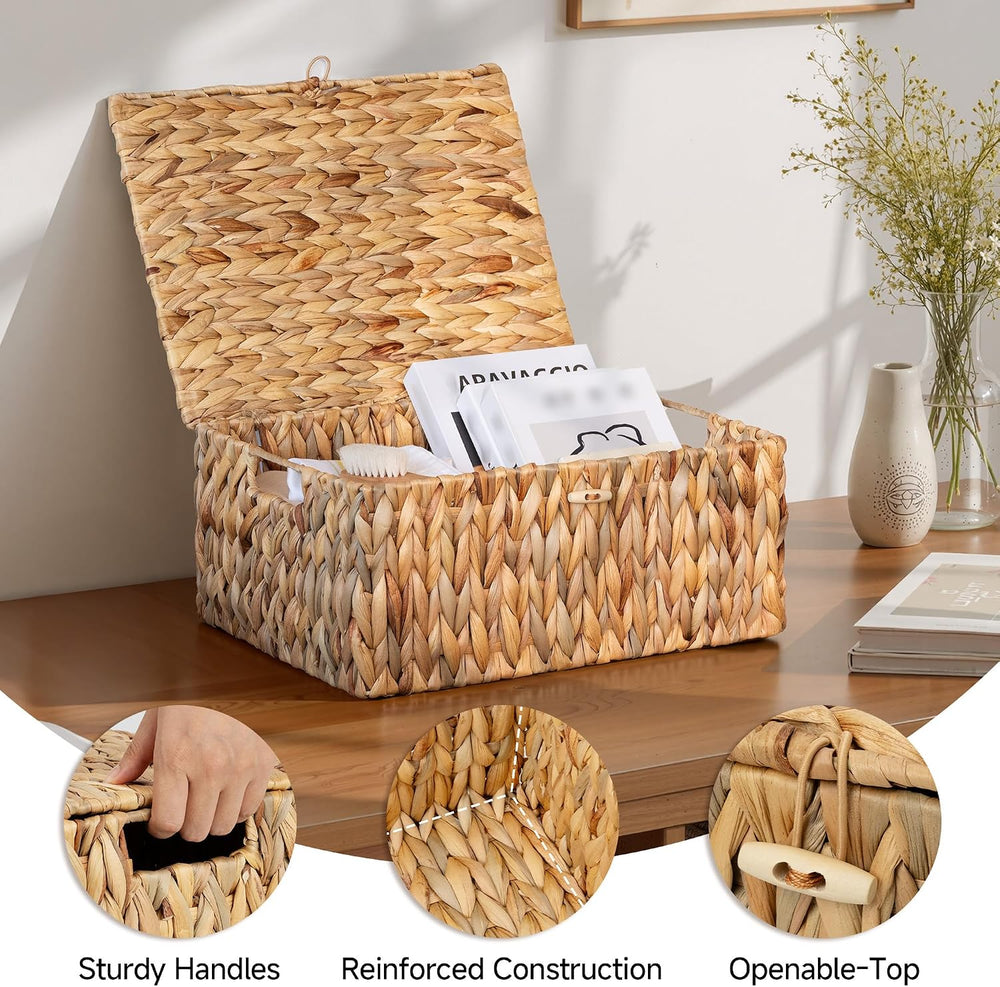 StorageWorks Wicker Basket with Lid, Storage Baskets with Lids, Hyacinth