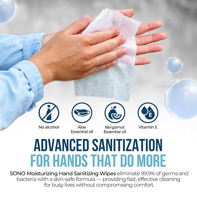 SONO Bergamot & Aloe Moisturizing Hand Sanitizer Wipes - Image 4