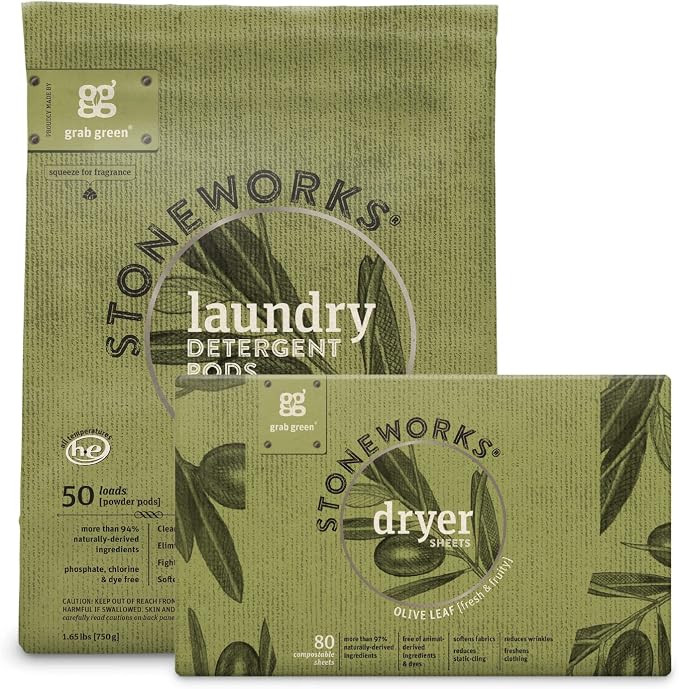 Grab Green Stoneworks Laundry Detergent Pods and Dryer Sheet Bundle, Olive Leaf by GrabGreen