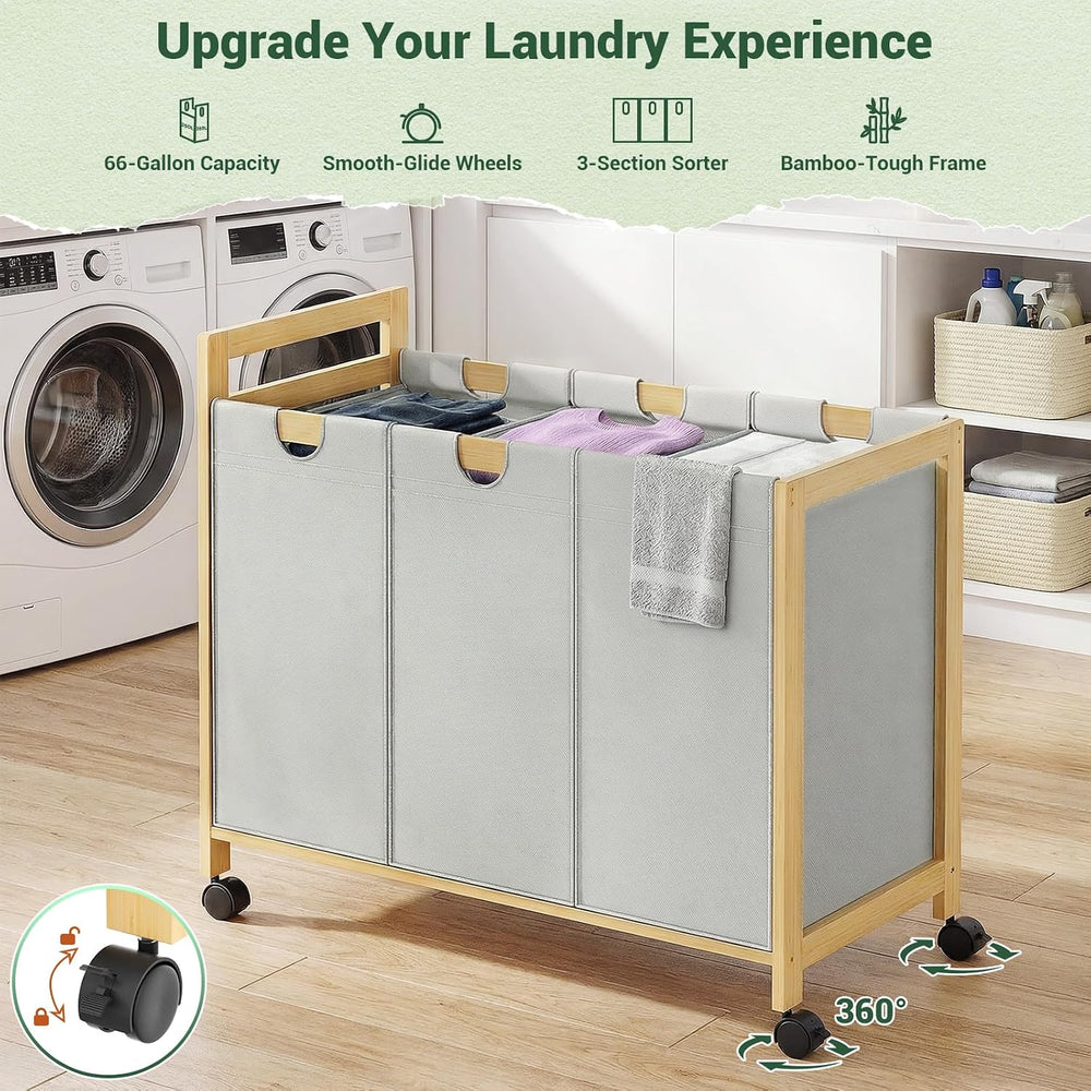 Homykic 250L Laundry Sorter with Wheels, 3-Section Laundry Hamper, Grey