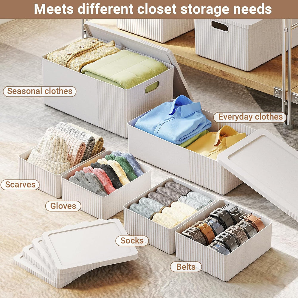 Decorative Storage Bins with Lids, Set of 6, 3 Size Baskets, Ivory