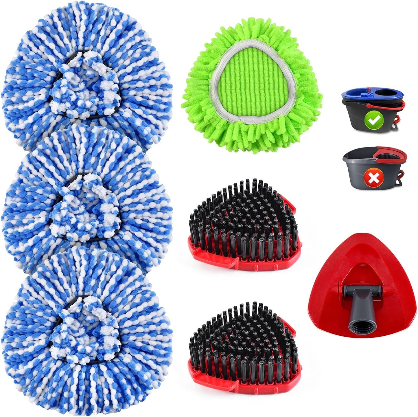 Mop Head Replacement for O Cedar, Spin Mop Replacement Head for Ocedar Easywring 2 Tank System, Mop Heads Includeds 3 Mop Replacement Heads, 2 Spin Scrub Brush, 1 Base & 1 Chenille Pad