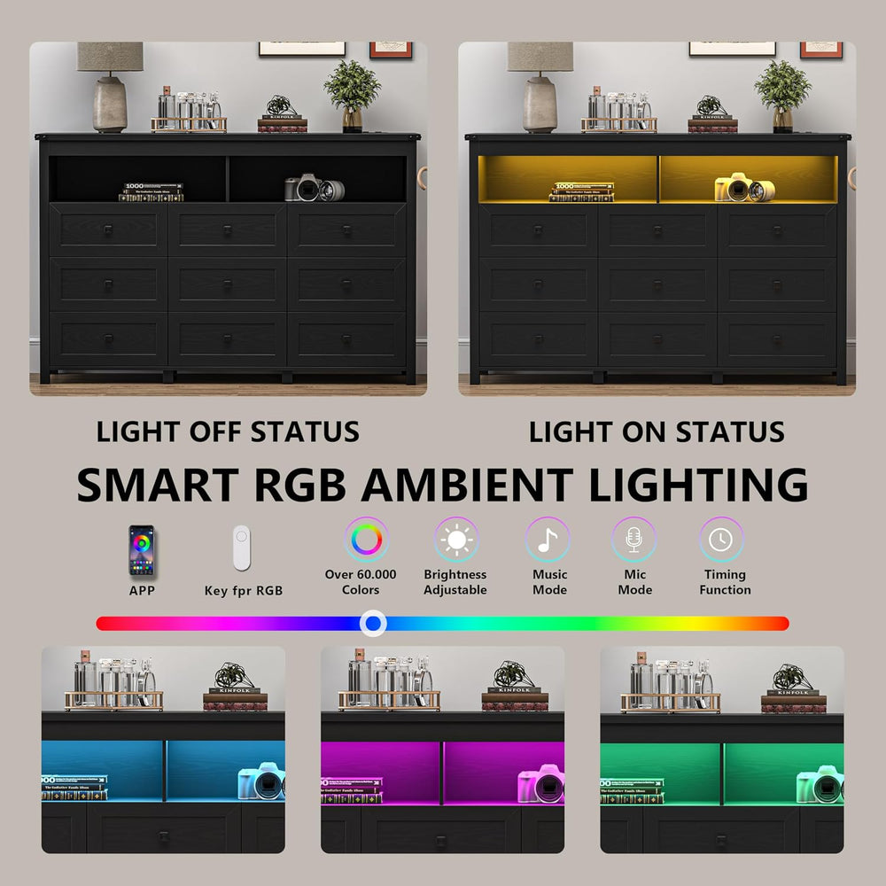 Xixini Dresser for Bedroom with 9 Drawers, LED Lights, Power Outlet, Black