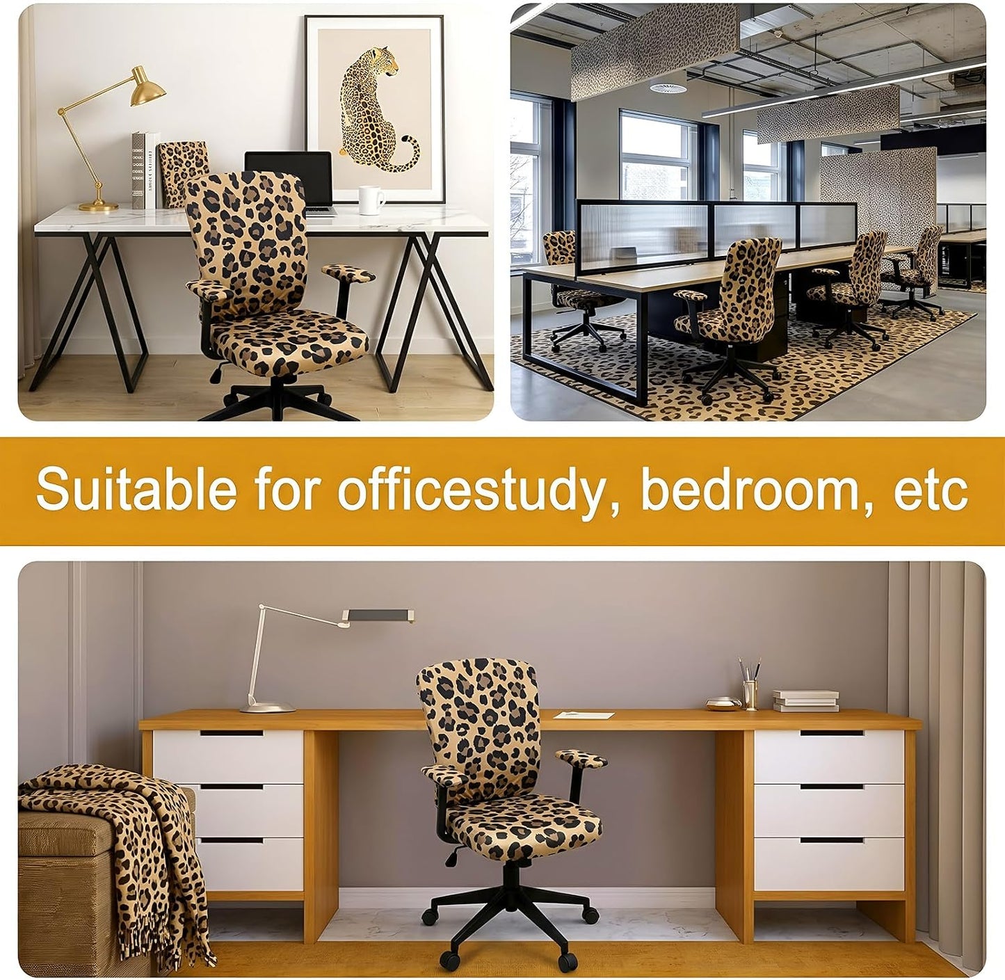 Suncalla 4 Pcs Cheetah Printed Office Chair Covers Set Stretch Leopard Computer Universal Protective Stretchable Chair Seat Covers Washable Desk Armrest Slipcovers Pads for Office Rotating