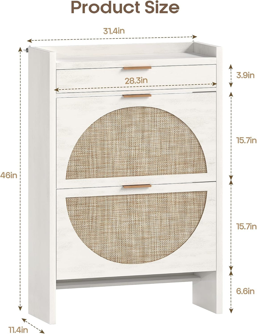 Quikraen Rattan Shoe Cabinet with 3 Drawers (2 Flip + 1 Slide), 31.5" Wi...