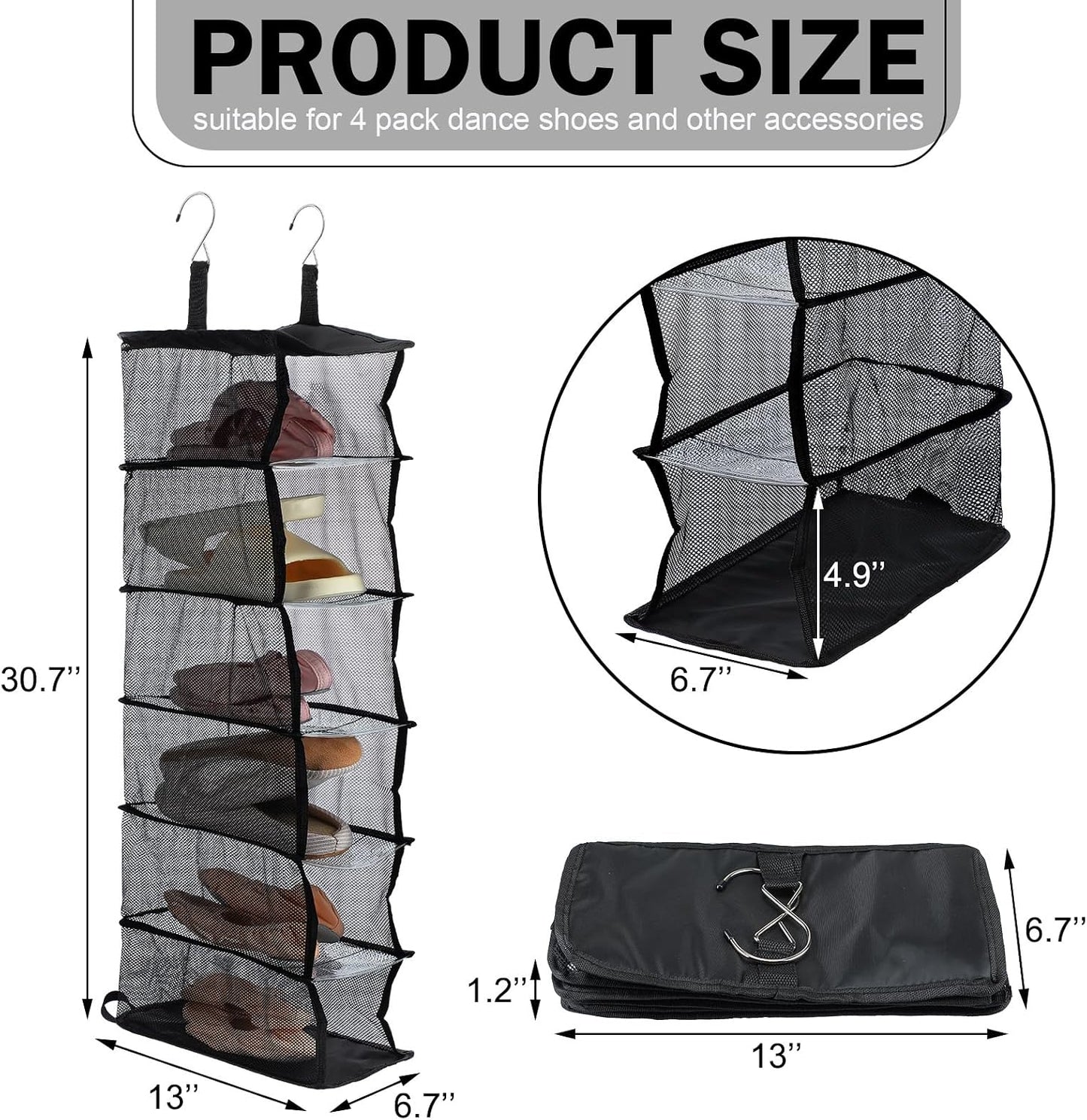 Aliceset 6-shelf Hanging Shoe Organizer for Dance Bags, Collapsible Hanging Shoe Rack with Transparent Shelves and Mesh Sides, Travel Backstage Accessories, Dance Bag Accessories