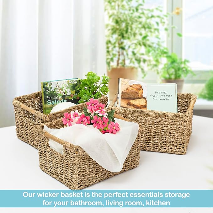 Natural Seagrass Basket with Wooden Handle, Medium Rectuangular Wicker Basket - Image 6