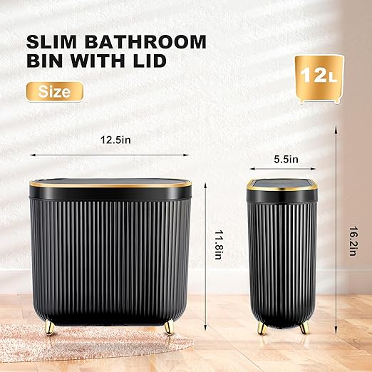 Bathroom Trash Can with Lid 3.1 Gallon Narrow Trash Can Small Plastic Trash Bin - Image 2