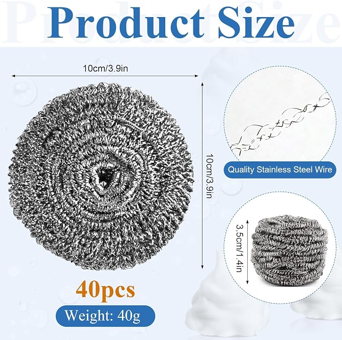 40 Pcs Stainless Steel Scrubber Bulk, Heavy Duty Steel Wool Scrubber 40 Gram - Image 2