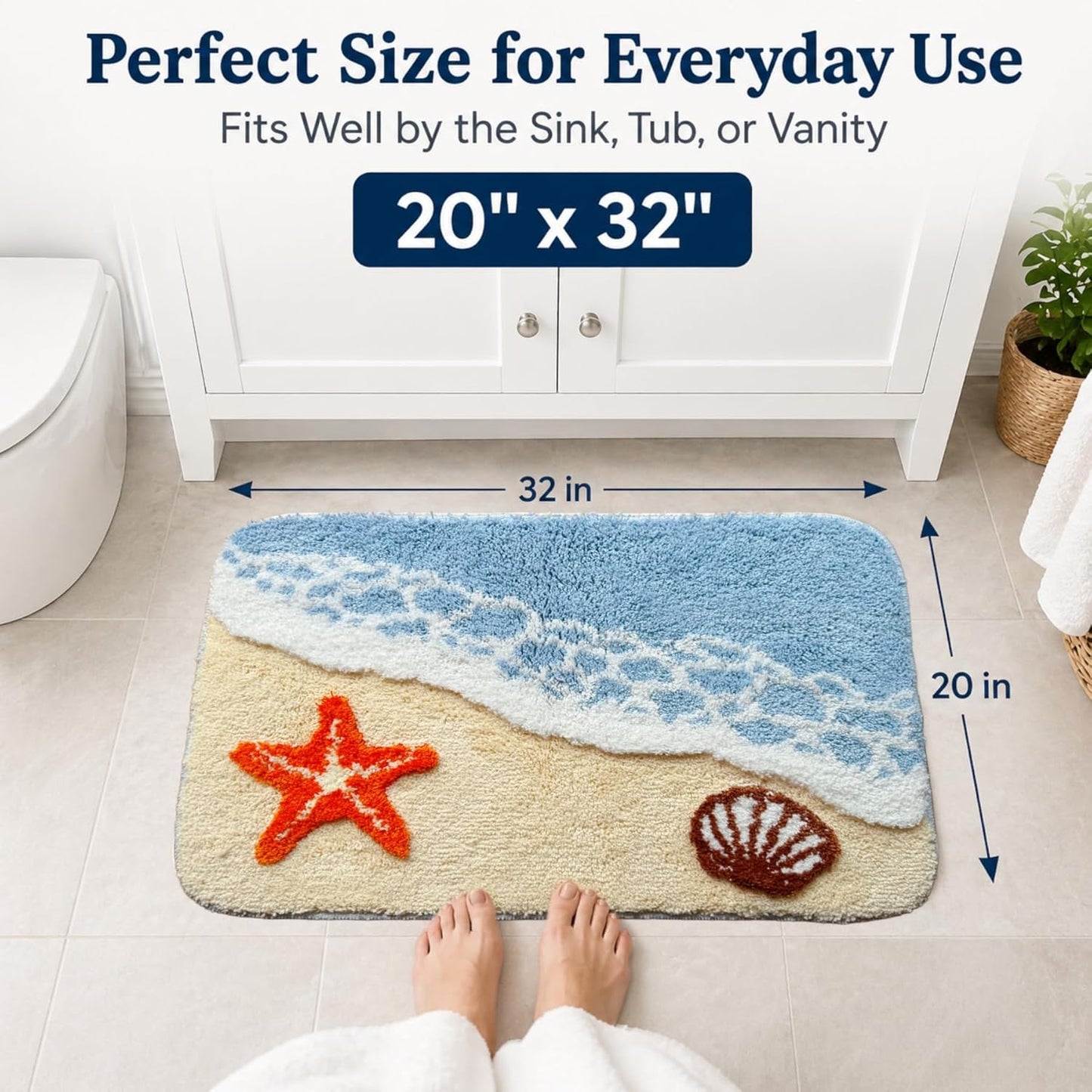 Beach Bathroom Rug 20 x 32 Inch, Coastal Ocean Wave Bath Mat with Starfish and Seashell Design, Soft Absorbent Plush Rug with Textured Backing for Tub, Shower, Sink, Vanity Floor Decor