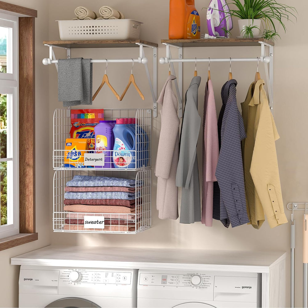 DAOUTIME 2 Set Laundry Room Wall Mounted Shelves With Wire Storage Baskets, O...
