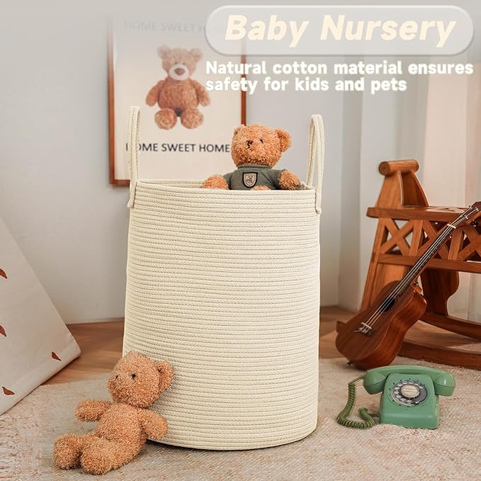 Large Woven Laundry Basket Hamper, 60L Cotton Rope Storage Bin - Image 2