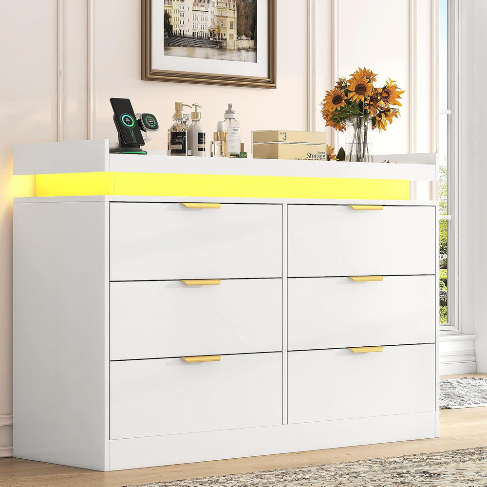 UNIQUITE 6 Drawer Dresser for Bedroom, White Dresser with LED Lights and Powe...