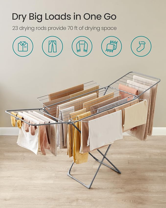 SONGMICS Clothes Drying Rack, Metal Laundry Drying Rack, Space-Saving,