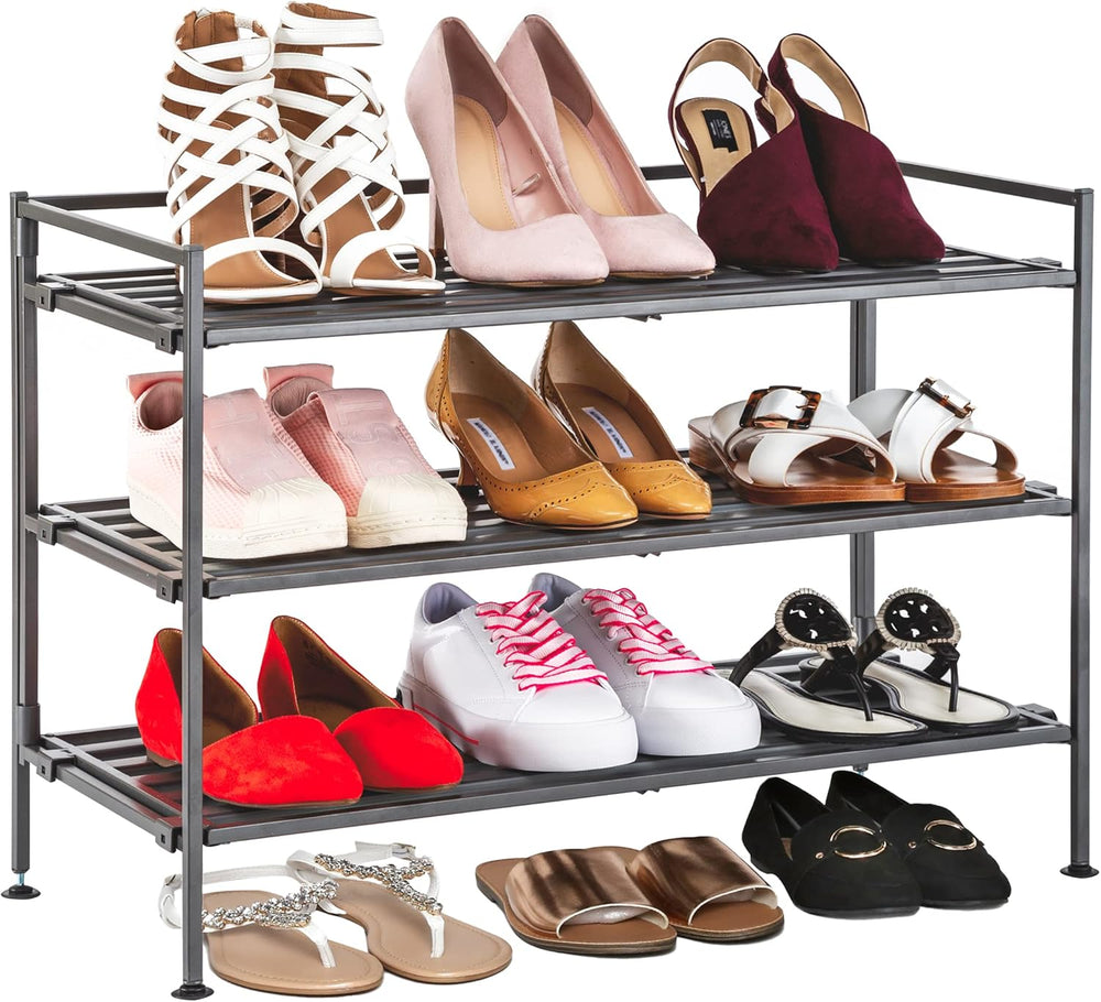 3-Tier Stackable 1" Slat Steel Frame Shoe Rack, 27.25"W x 12.75&quo...