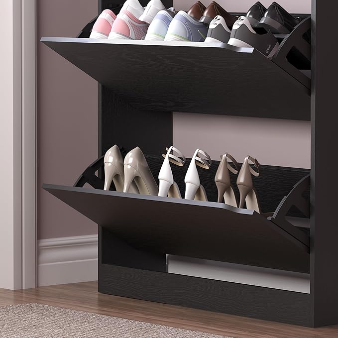 Shoe Cabinet with 3 Flip Drawers & Coat Rack, Narrow Hidden Shoe Storage Cabinet - Image 6