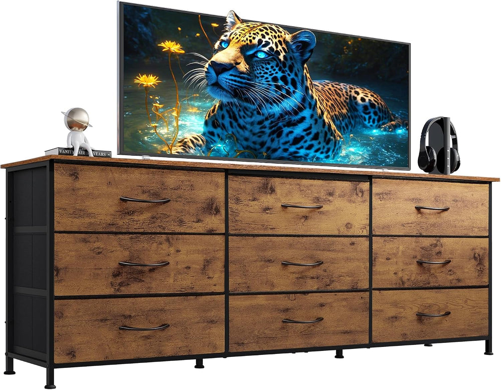 WLIVE Dresser TV Stand for 75 Inch TV, 9 Drawer Dresser, Rustic Brown