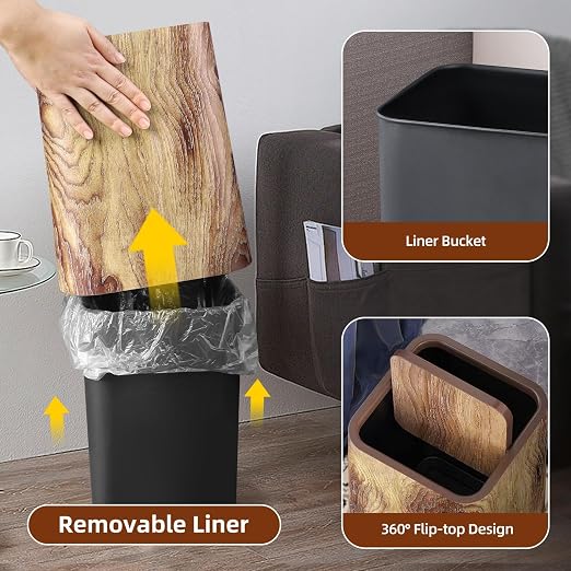 Wood Grain Plastic Trash Can Swing Top Lid, 4Gal/15L Farmhouse Wastebasket Bin - Image 3